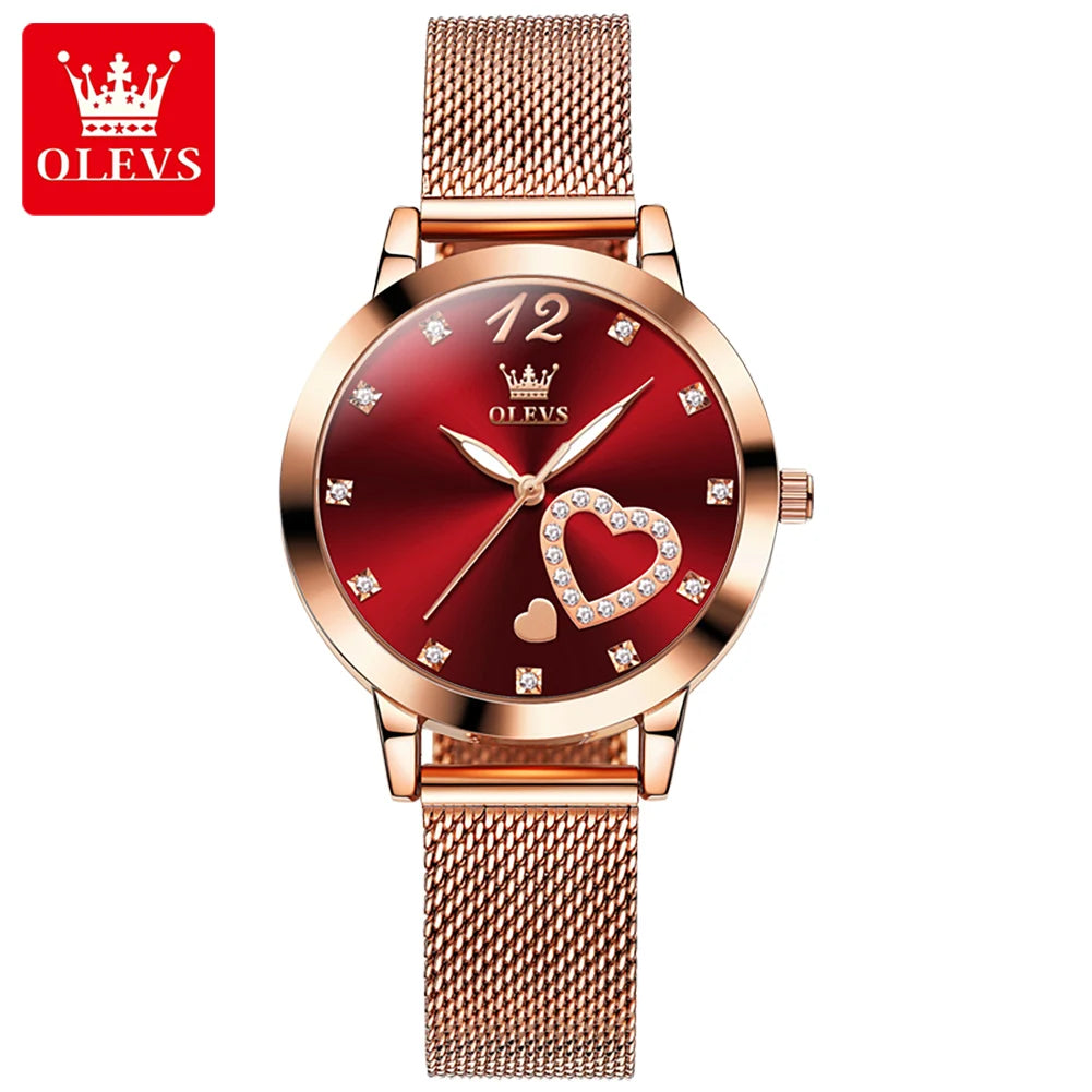OLEVS 5189 Top Quartz Watch for Women Mesh Steel Strap Heart Design Waterproof Watches Simple Fashion Elegant Ladies Wristwatch