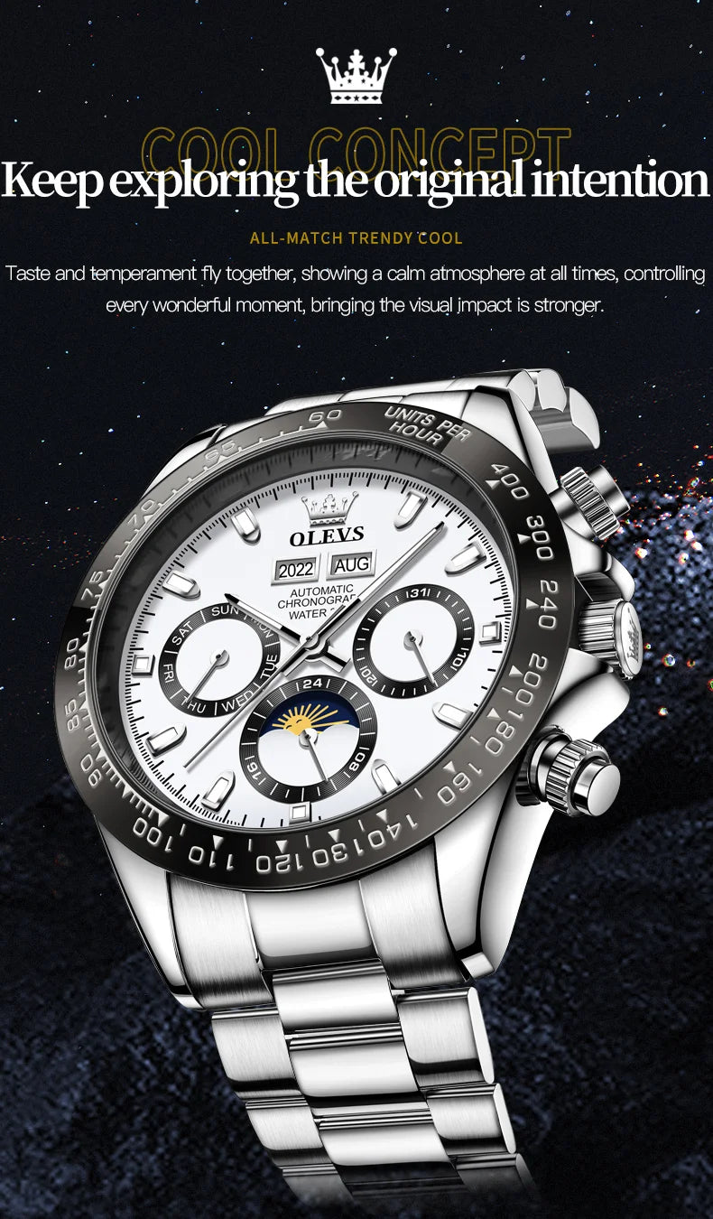 OLEVS 6654 Top Brand Men's Watches Classic Fashion Automatic Mechanical Watch for Man Complete Calendar Moon Phase Waterproof
