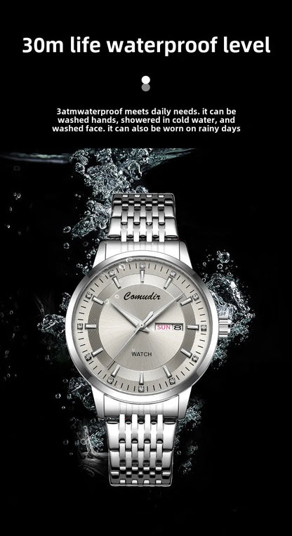 Silvery Non Mechanical Men's Watch Men's Steel Belt Hollowed Out Waterproof Tide Glow in The Dark Dual Calendar Noctilucent