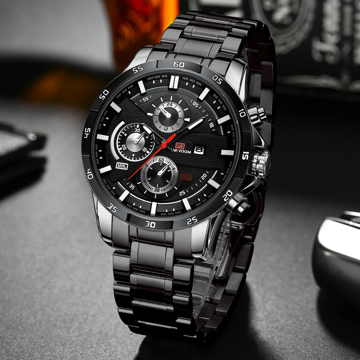 Men Sports Watch 46mm Black Leather Racing Series Everyday Wear  Fashion Original Rose Gold Dial Quartz Watches Relogio Masculin