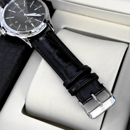 Genuine Men Wristwatch Business Sweep Movement Folding Fan Pattern Handsome Watches high-quality Leather Strap Clock  Has box