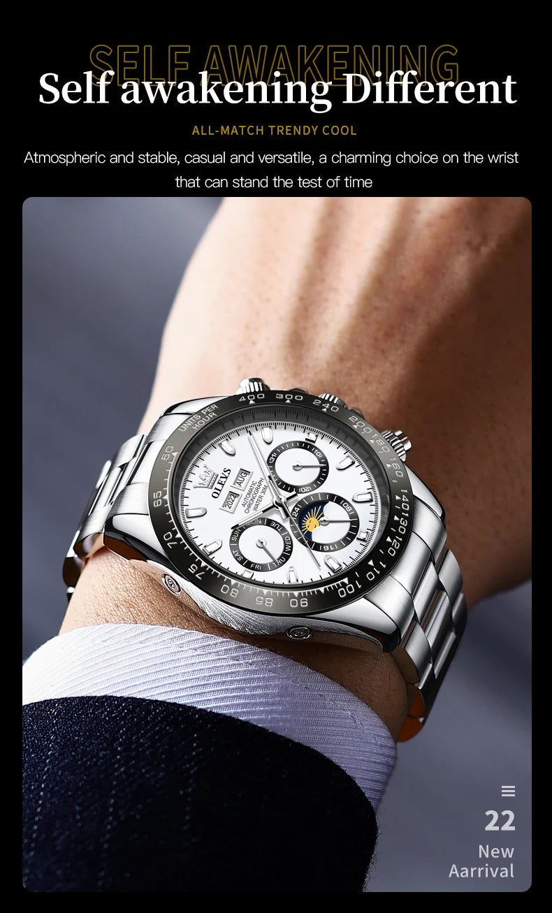 OLEVS 6654 Top Brand Men's Watches Classic Fashion Automatic Mechanical Watch for Man Complete Calendar Moon Phase Waterproof