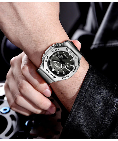 Sports Digital Electronic Unisex Watch Stainless Steel Strap LED Dual Display Multi Function Alloy Large Dial Wristwatch