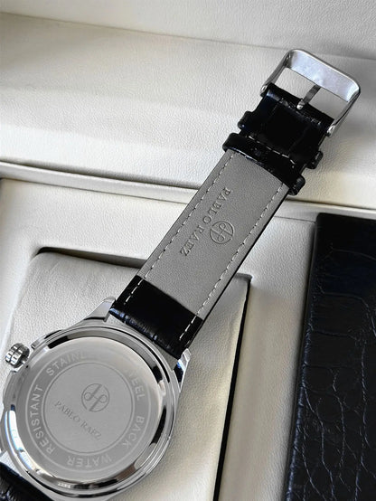 Genuine Men Wristwatch Business Sweep Movement Folding Fan Pattern Handsome Watches high-quality Leather Strap Clock  Has box