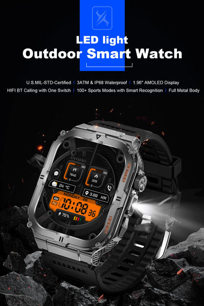 2026 New Men's Smart Watch LED Flashlight IP68 waterproof Outdoor Sports Watch Health Monitoring Fitness tracker for IOS Android