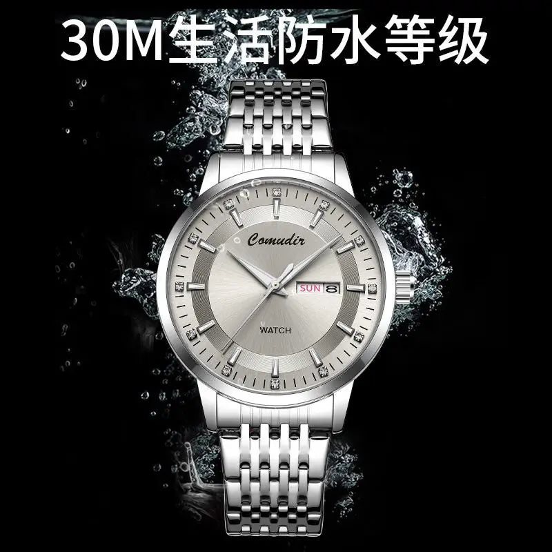 Silvery Non Mechanical Men's Watch Men's Steel Belt Hollowed Out Waterproof Tide Glow in The Dark Dual Calendar Noctilucent