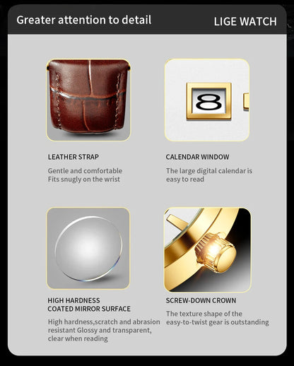 LIGE Fashion Brown Leather Watch Men Military Sports Men's Quartz Wristwatches Casual Waterproof Chronograph Relogios Masculino