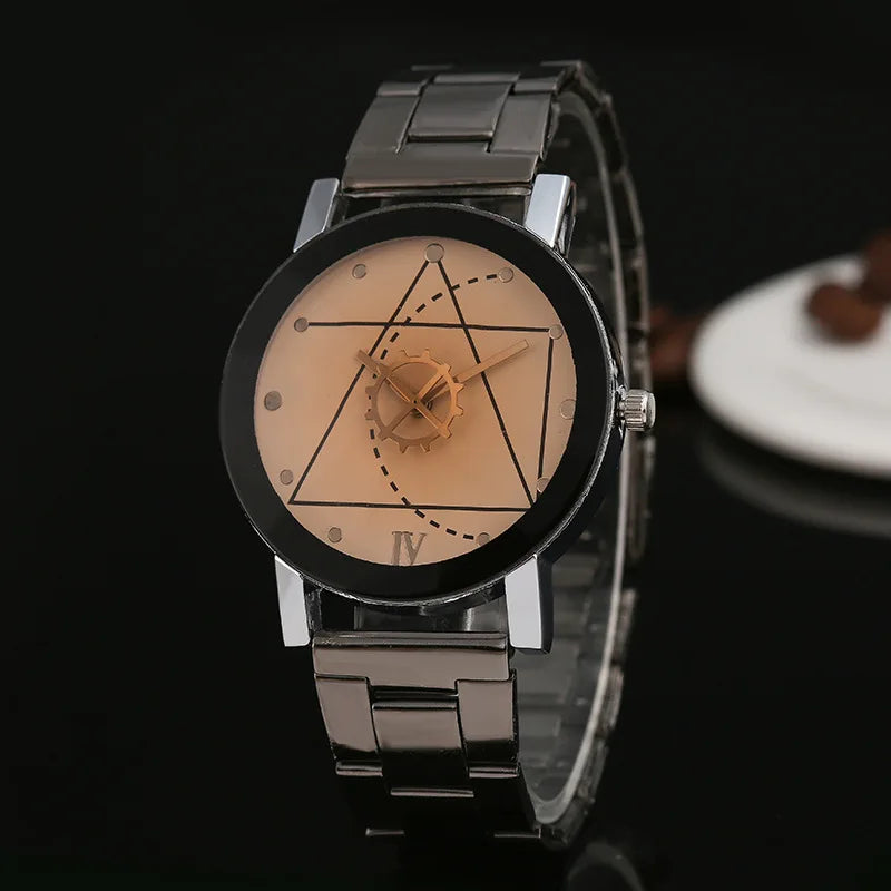 New Couple Watches Men Gear Triangle Pointer Compass Dial Second Hand Watch Women Stainless Steel Watches Relogio Feminino Clock