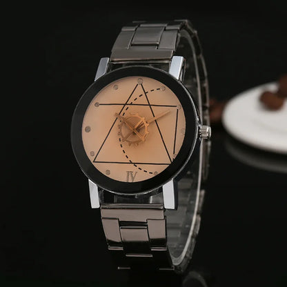 New Couple Watches Men Gear Triangle Pointer Compass Dial Second Hand Watch Women Stainless Steel Watches Relogio Feminino Clock