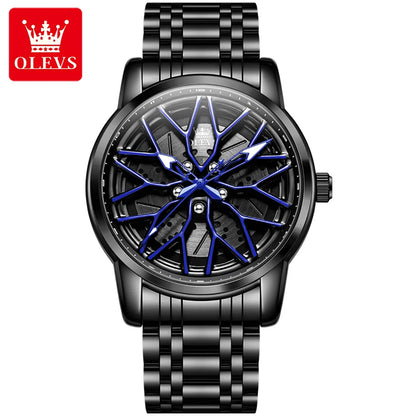 OLEVS Fashion Watch for Men Sport Car Rim Wheel Hub 360° Rotary Dial Quartz Watches Waterproof Stainless Steel Men's Wristwatch
