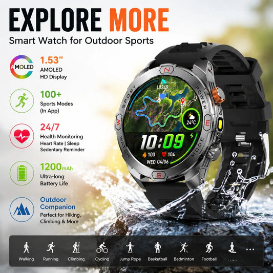 2026 New Smart Watch for Men 1200mAH Battery Compass Fitness Heart Rate Sports Bracelet Bluetooth Calling Sports Mode Smartwatch