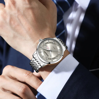 Silvery Non Mechanical Men's Watch Men's Steel Belt Hollowed Out Waterproof Tide Glow in The Dark Dual Calendar Noctilucent