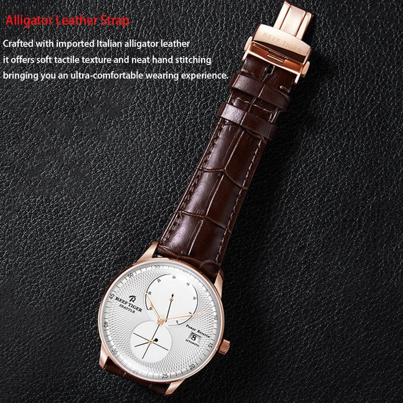 Waterproof Mechanical Watch for Men with Date and Power Reserve Display Stainless Steel Case sapphire Crystal 42mm Large Dial