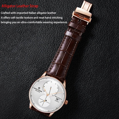 Waterproof Mechanical Watch for Men with Date and Power Reserve Display Stainless Steel Case sapphire Crystal 42mm Large Dial