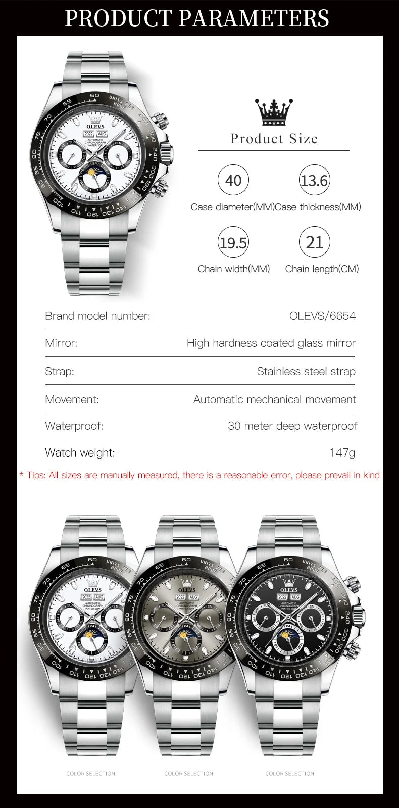 OLEVS 6654 Top Brand Men's Watches Classic Fashion Automatic Mechanical Watch for Man Complete Calendar Moon Phase Waterproof