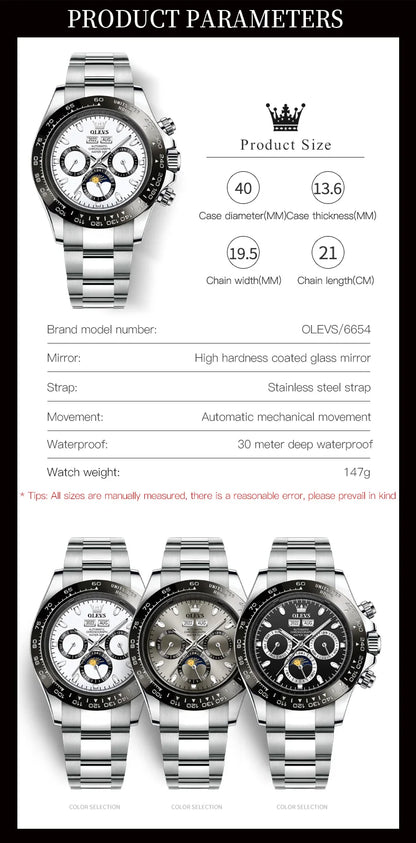 OLEVS 6654 Top Brand Men's Watches Classic Fashion Automatic Mechanical Watch for Man Complete Calendar Moon Phase Waterproof