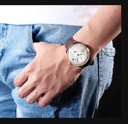 Waterproof Mechanical Watch for Men with Date and Power Reserve Display Stainless Steel Case sapphire Crystal 42mm Large Dial