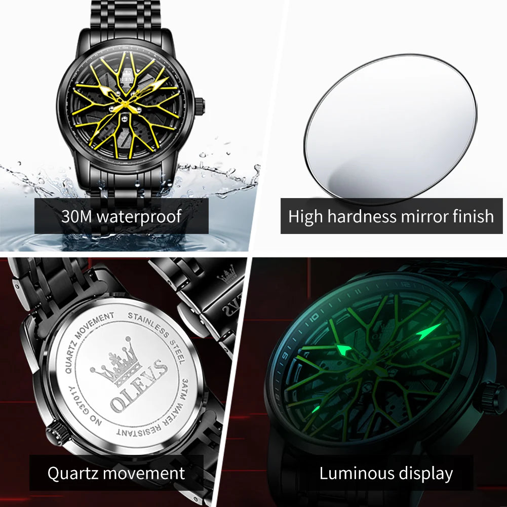 OLEVS Fashion Watch for Men Sport Car Rim Wheel Hub 360° Rotary Dial Quartz Watches Waterproof Stainless Steel Men's Wristwatch