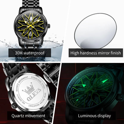 OLEVS Fashion Watch for Men Sport Car Rim Wheel Hub 360° Rotary Dial Quartz Watches Waterproof Stainless Steel Men's Wristwatch