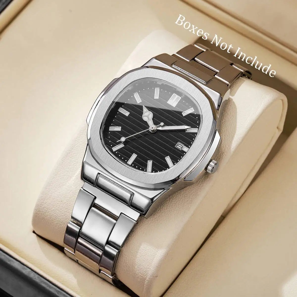 Luxury Men Business Watches Fashion Square Dial Stainless Steel Strap Quartz Watch with Calendar For Mens Clock（Without Box）