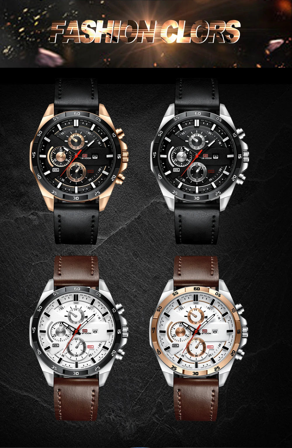 Men Sports Watch 46mm Black Leather Racing Series Everyday Wear  Fashion Original Rose Gold Dial Quartz Watches Relogio Masculin