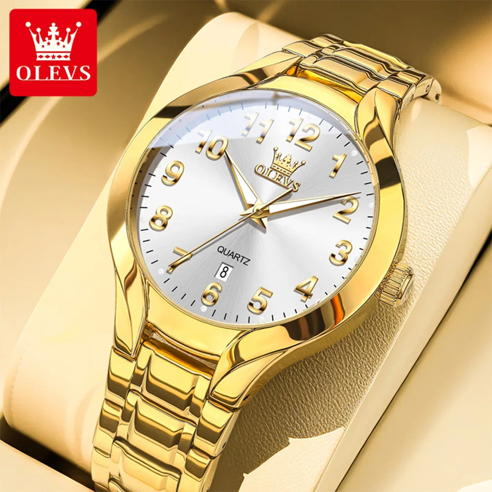 OLEVS 3650 Gold Watches for Men Classic Large Digital Dial Auto Date Waterproof Luminous Original Men's Quartz Wristwatch New