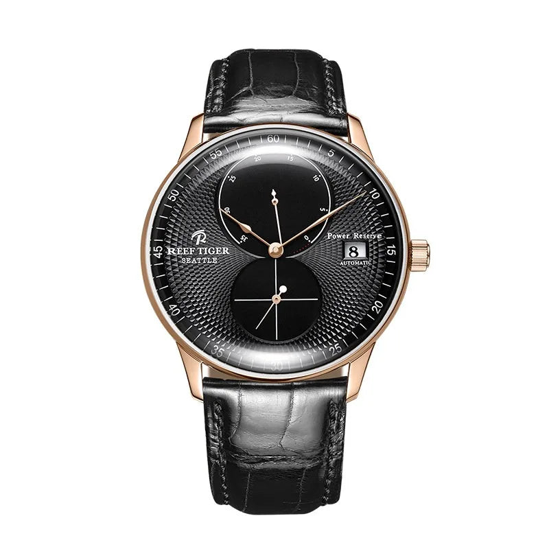 Waterproof Mechanical Watch for Men with Date and Power Reserve Display Stainless Steel Case sapphire Crystal 42mm Large Dial