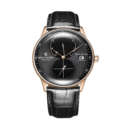 Waterproof Mechanical Watch for Men with Date and Power Reserve Display Stainless Steel Case sapphire Crystal 42mm Large Dial