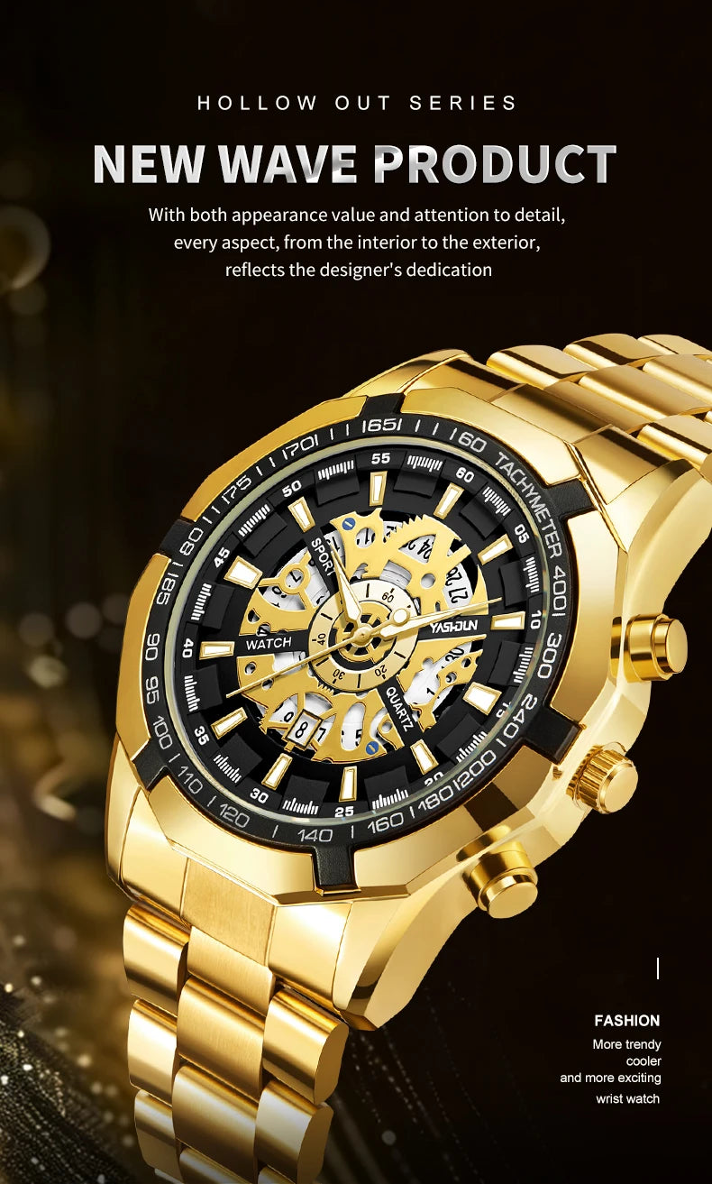 2026 Mens Quartz Watches Top Brand Luxury Stainless Steel Waterproof Hollow Out Big Male Wristwatches Relogio Masculino