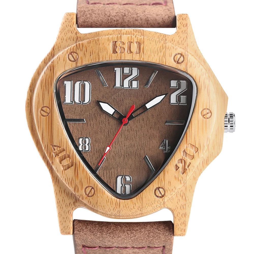 Unique Wooden Watches for Men Sport Racing Design Geometric Triangle Man's Quartz Watch Bamboo Relogio Masculino Orologio Uomo