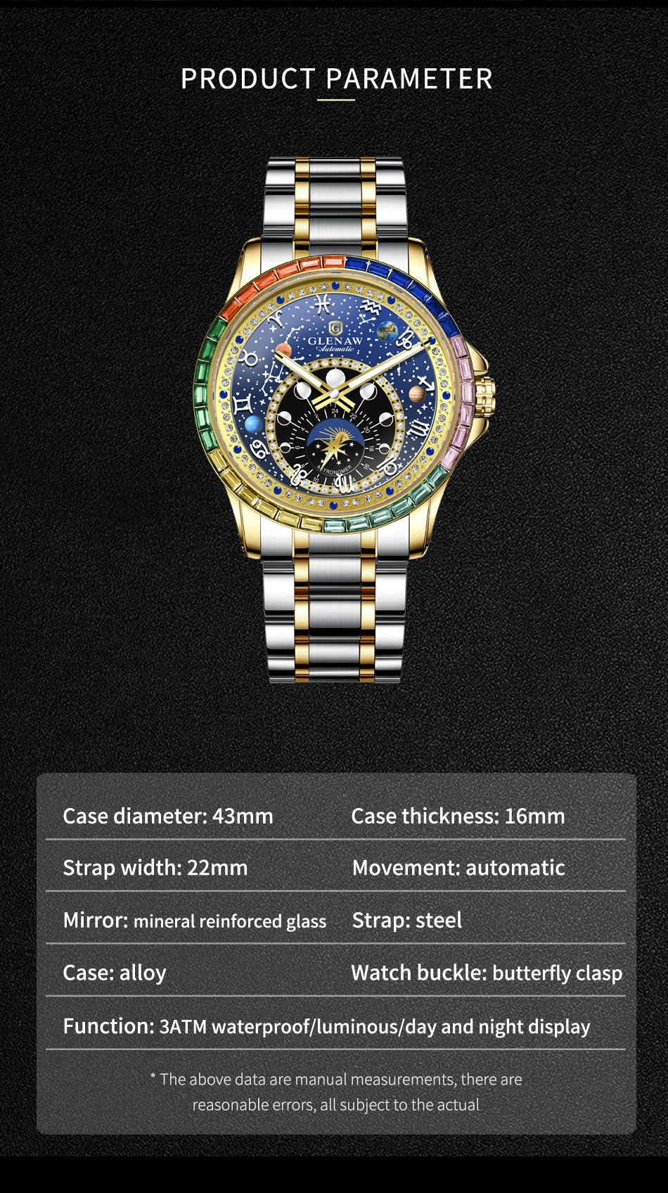 2026 GLENAW New Design Rainbow Circle Mechanical Watch Men Constellation Dial Night Light Waterproof Top Luxury Mechanical Watch