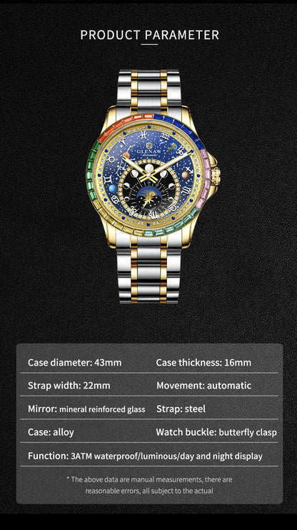 2026 GLENAW New Design Rainbow Circle Mechanical Watch Men Constellation Dial Night Light Waterproof Top Luxury Mechanical Watch