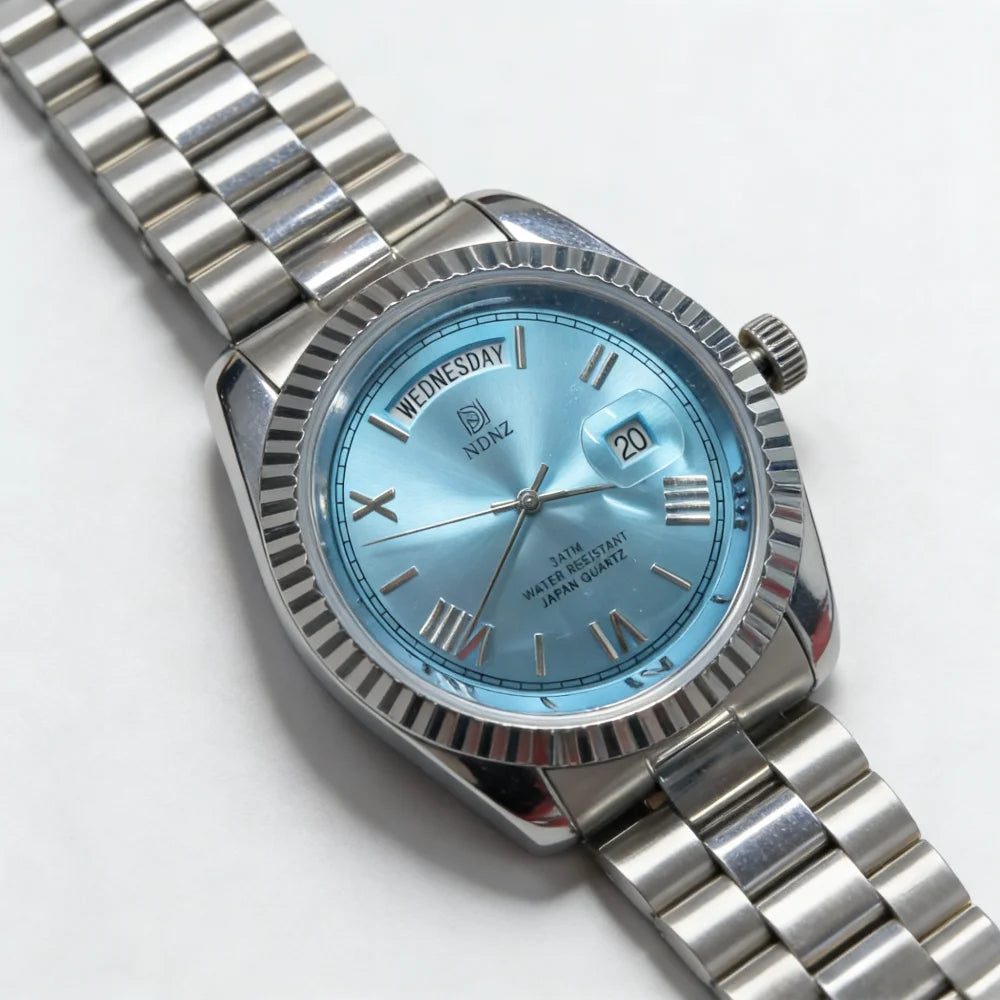 Fashionable waterproof couple's wristwatch, men business quartz watch, date and timing function, steel strap, Japanese movement