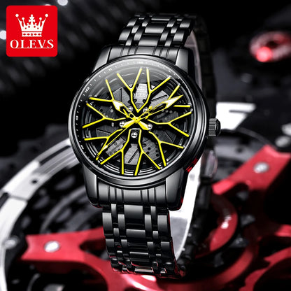 OLEVS Fashion Watch for Men Sport Car Rim Wheel Hub 360° Rotary Dial Quartz Watches Waterproof Stainless Steel Men's Wristwatch