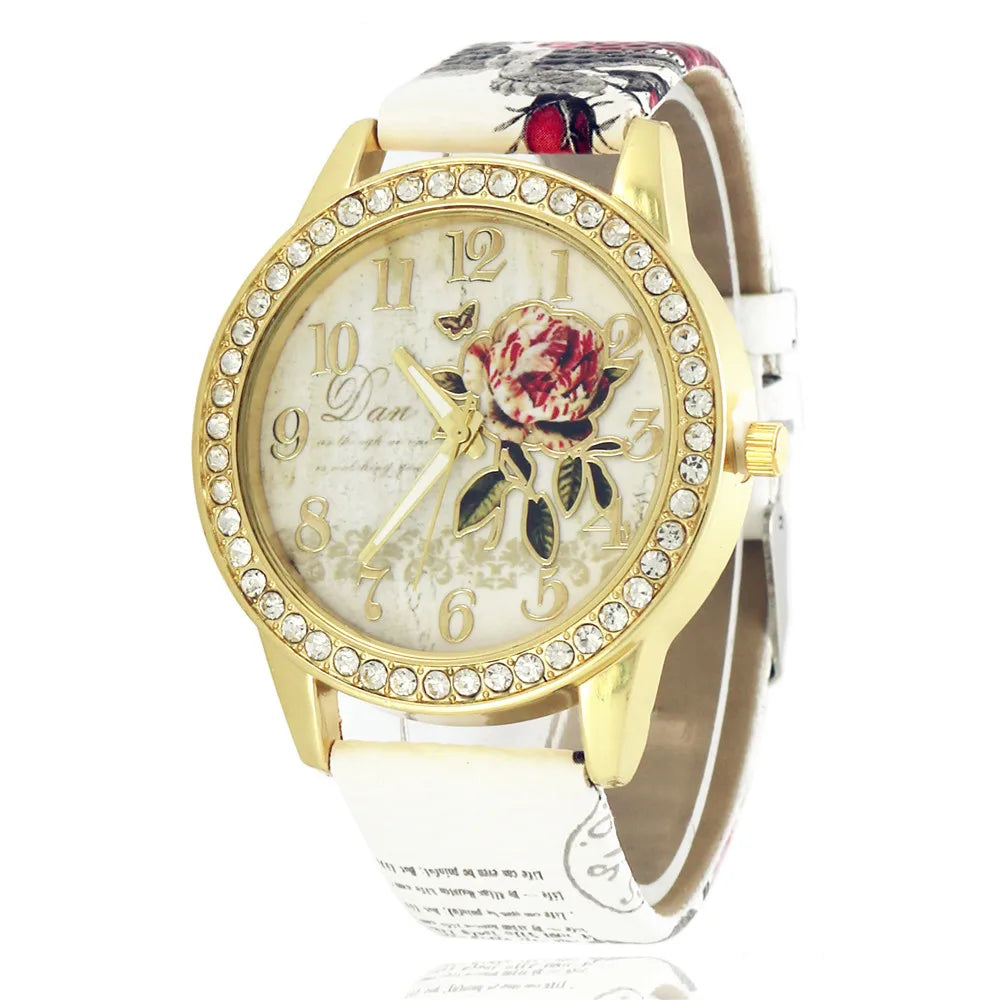 Fashion Ladies Watches Women Printed Flower Watch Luxury Casual Quartz Leather Wrist Watch Fashion Female Dress Clocks Relogio