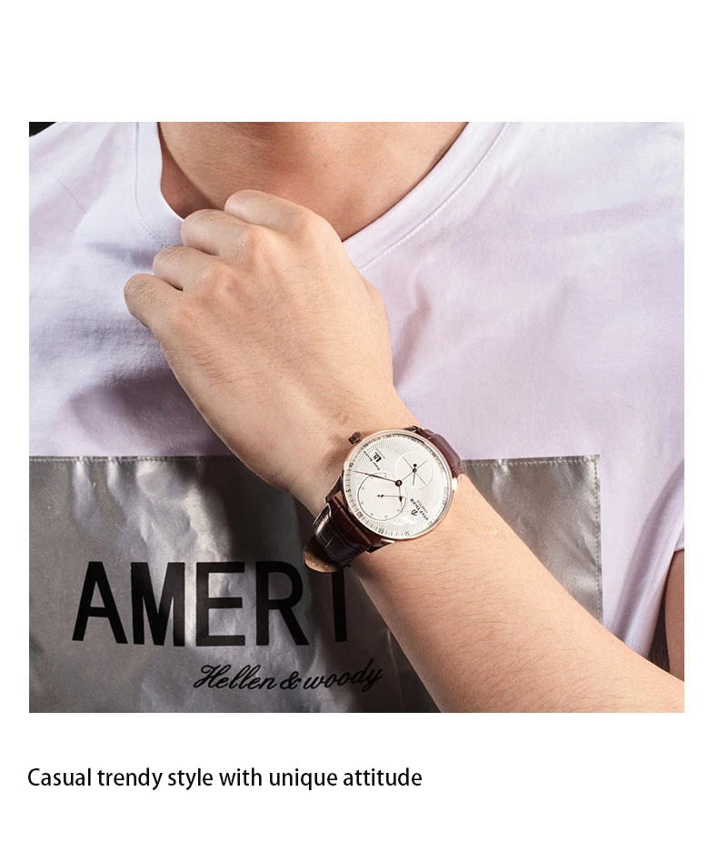 Waterproof Mechanical Watch for Men with Date and Power Reserve Display Stainless Steel Case sapphire Crystal 42mm Large Dial