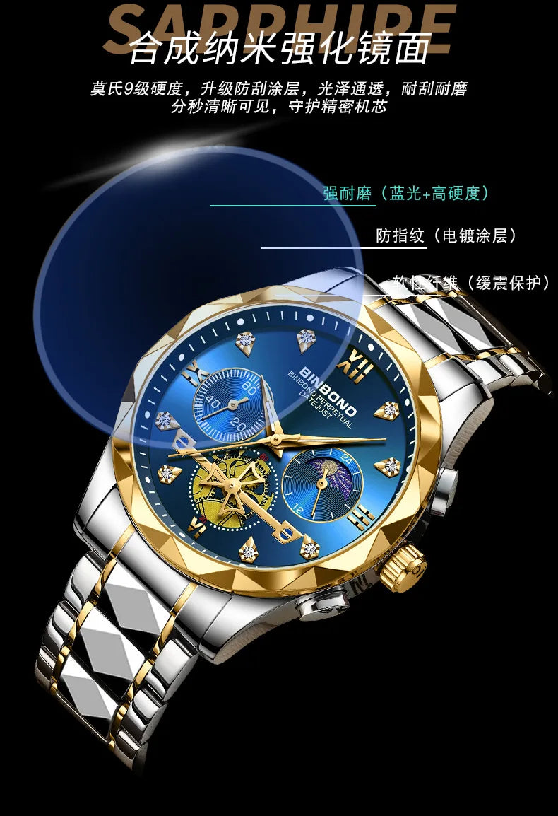 Multi Functional Quartz Watch, Versatile and Trendy Watch, Six Needle Timing, Casual and Trendy Men's Tungsten Steel Color