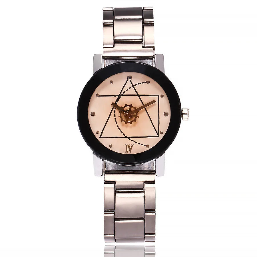 New Couple Watches Men Gear Triangle Pointer Compass Dial Second Hand Watch Women Stainless Steel Watches Relogio Feminino Clock