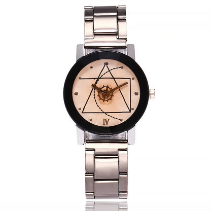 New Couple Watches Men Gear Triangle Pointer Compass Dial Second Hand Watch Women Stainless Steel Watches Relogio Feminino Clock