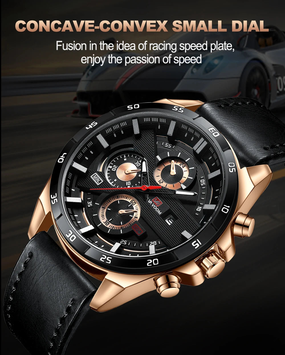 Men Sports Watch 46mm Black Leather Racing Series Everyday Wear  Fashion Original Rose Gold Dial Quartz Watches Relogio Masculin