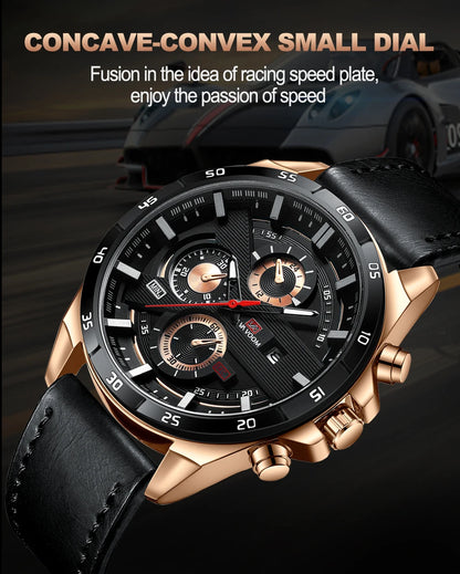 Men Sports Watch 46mm Black Leather Racing Series Everyday Wear  Fashion Original Rose Gold Dial Quartz Watches Relogio Masculin