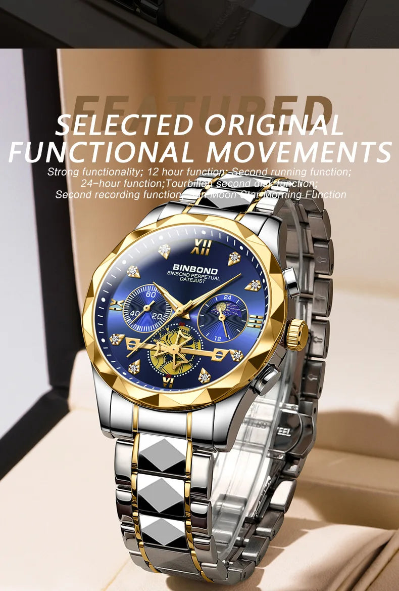 Multi Functional Quartz Watch, Versatile and Trendy Watch, Six Needle Timing, Casual and Trendy Men's Tungsten Steel Color