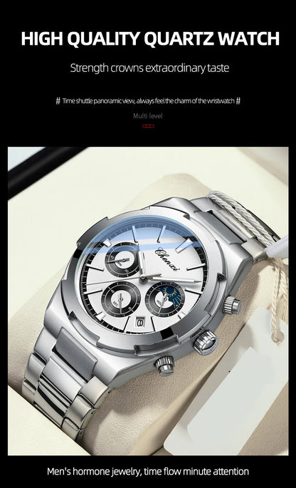 Men's Watches Classic Multifunctional Chronograph Sports Watch Top Luxury Stainless Steel Waterproof Luminous Quartz Wristwatch