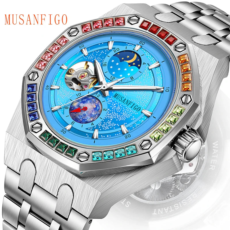 Men's Automatic Watch, Waterproof Watch, Rhinestone, Super Luminous Sun, Moon and Stars, Dial, Skeleton, Men's Gift Watch