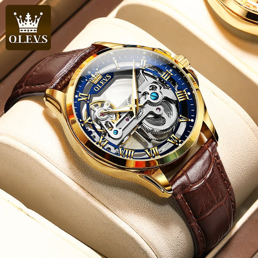 OLEVS 6661 Top Brand Men's Watches Fashion Hollow Flywheel Automatic Mechanical Wristwatch Waterproof Luminous Leather Strap