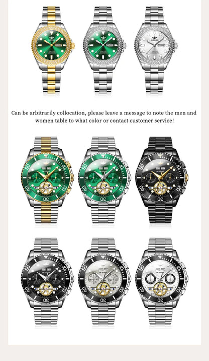 OUPINKE 3229+3205 Couple Watch Pair for Men Women Diving Series Flywheel Design Luxury Imported Movement Lover's Wedding Watches
