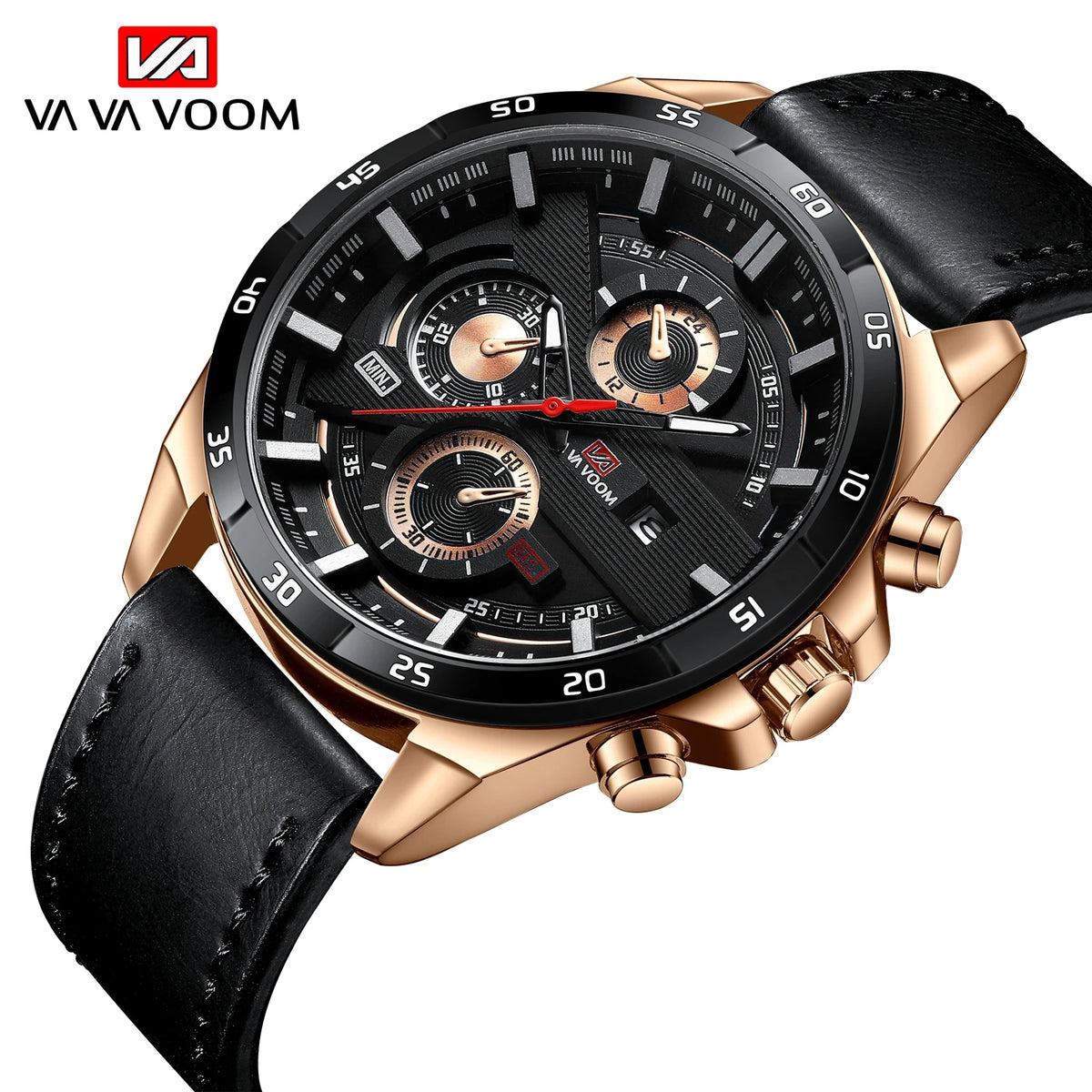 Men Sports Watch 46mm Black Leather Racing Series Everyday Wear  Fashion Original Rose Gold Dial Quartz Watches Relogio Masculin
