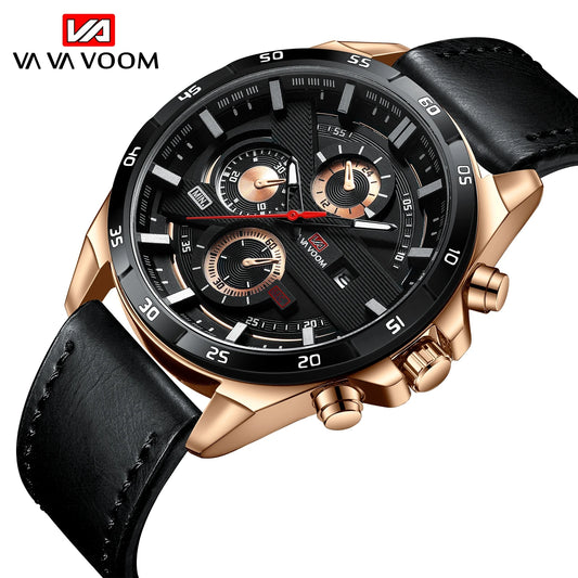 Men Sports Watch 46mm Black Leather Racing Series Everyday Wear  Fashion Original Rose Gold Dial Quartz Watches Relogio Masculin