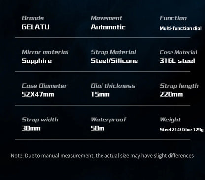 Reloj Hombre Watches Mens GELATU Top Brand Luxury Rose Black Skeleton Tourbillon Automatic Mechanical Watch for Men Waterproof