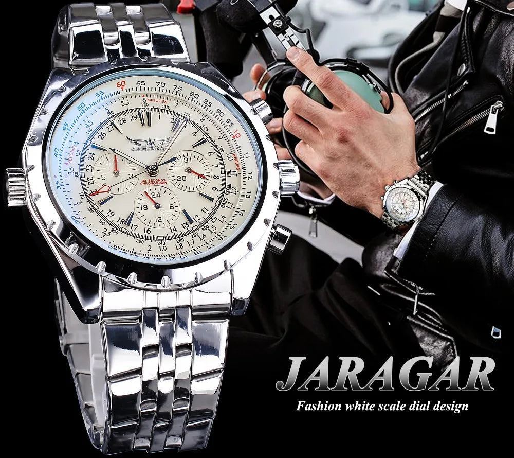 JARAGAR 212 Elegant Automatic Mechanical Watches for Man Hollowing Dial Chronograph Luminous Multifunctional Men Wristwatch
